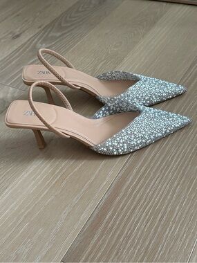 Zara Nude Pearl-Embellished Slingback Pointed Heels